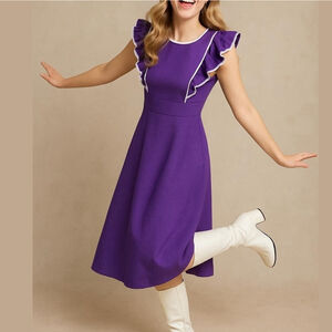 Vintage 1970s Ruffle Sleeve Midi Dress – Purple with White Trim ✨